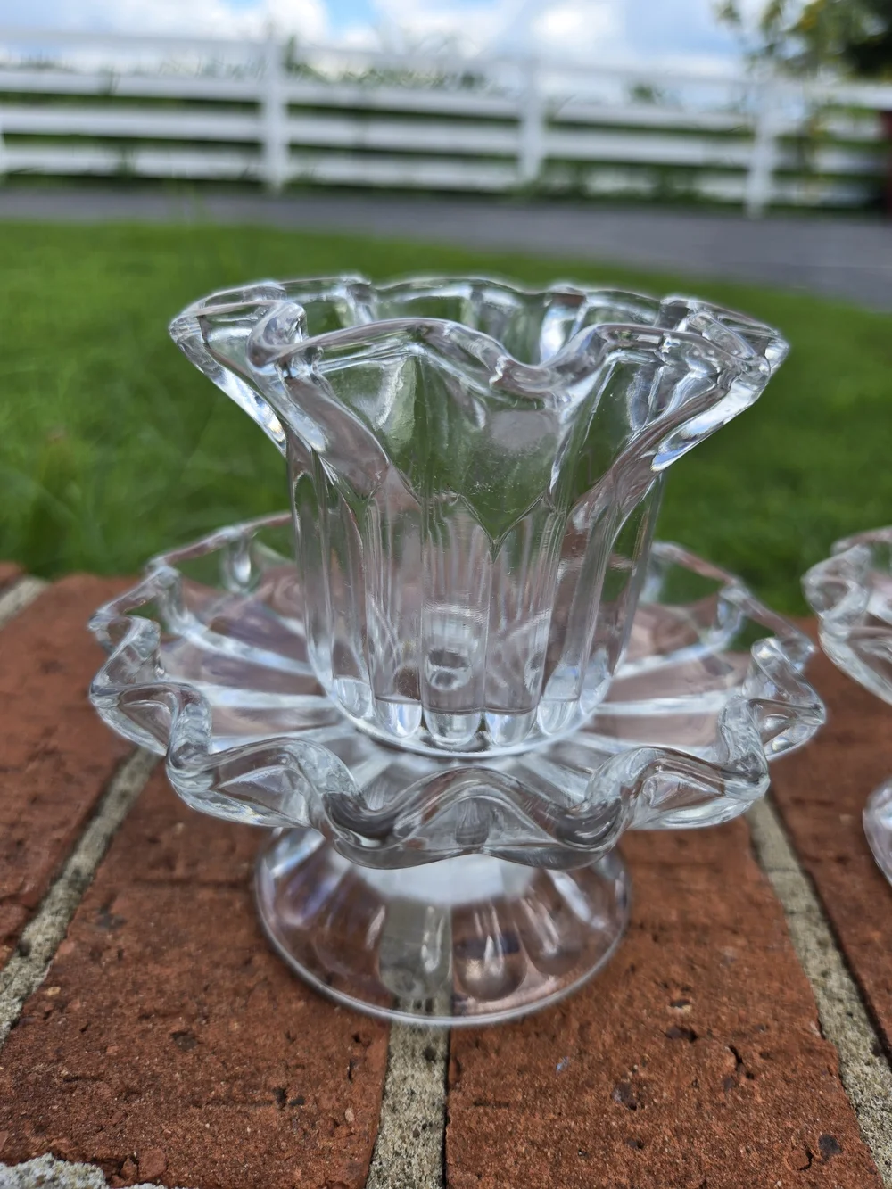 Vintage Two Clear Glass Candle/ Tea Light Holders with Scalloped/Wavy Edges